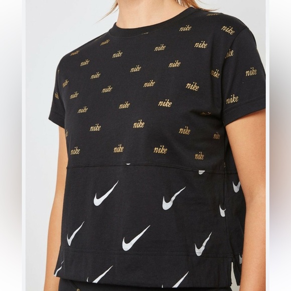 Nike Women’s Boxy Cropped Black Tee with Gold and White Accents - Picture 1 of 7